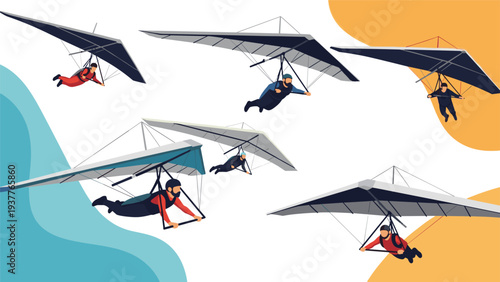 Group of adventurous people hang gliding through the air with various colorful gliders against a bright and abstract sky.