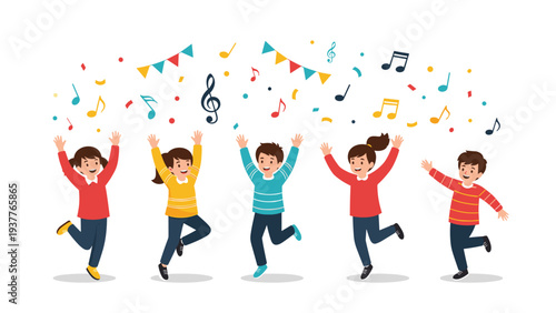 Group of happy young children jumping for joy and celebrating with colorful flags, music notes, and festive party decorations.
