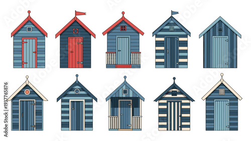 Row of colorful beach huts in various shades of blue and red with different stripes and designs standing by the seaside shore.