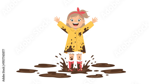 Joyful young girl wearing a yellow raincoat and red boots jumps happily into muddy puddles with splashes of brown water around.
