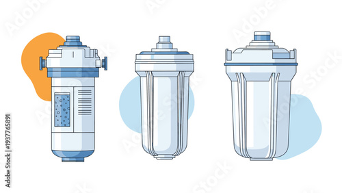 Set of three different water filtration cartridges and housing units used for providing clean drinking water in residential homes.