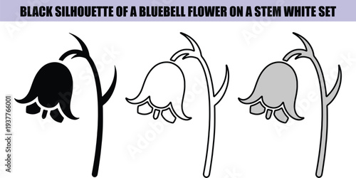 Black and gray bluebell flower silhouettes on white