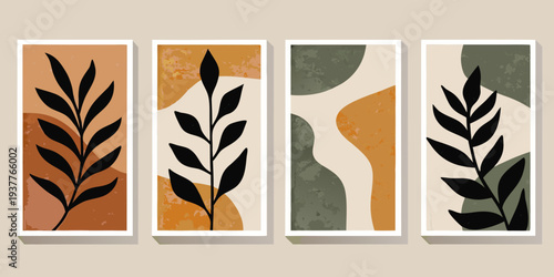 Minimalist botanical wall art featuring abstract shapes and leaf silhouettes