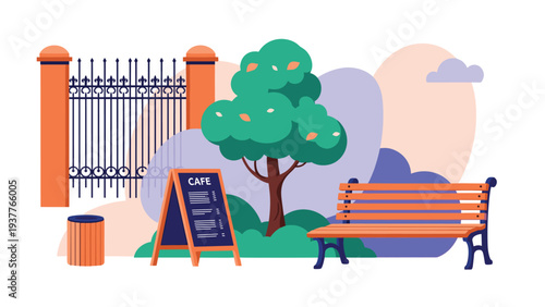 Quiet park scene featuring a wooden bench, a green tree, a decorative metal fence, and a cafe menu board on a sunny day.