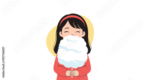 Young girl with long black hair holding a large fluffy piece of white cotton candy in front of her face with a happy smile.