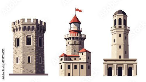 Set of three different architectural styles of historical towers and lighthouses made of stone and brick in a flat design.