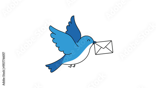 Cute blue bird flying through the air while carrying a white envelope in its beak to deliver a message or a special letter.
