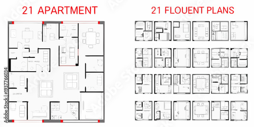 Architectural floor plans displaying layouts for a 21 apartment complex
