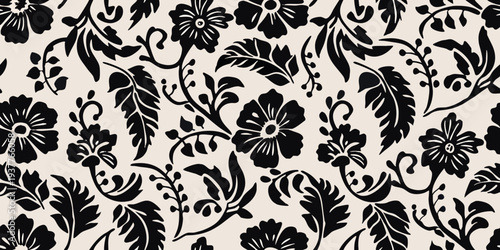 Elegant black floral pattern on a cream colored background