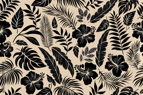 Elegant black tropical leaves and hibiscus flowers on a beige background