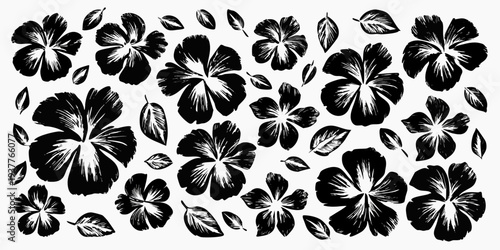 Black and white floral pattern featuring hibiscus and scattered leaves