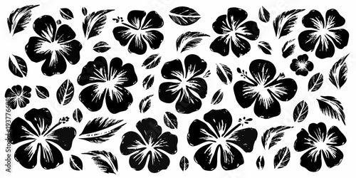 Black and white hibiscus flower pattern with leaves and botanical details
