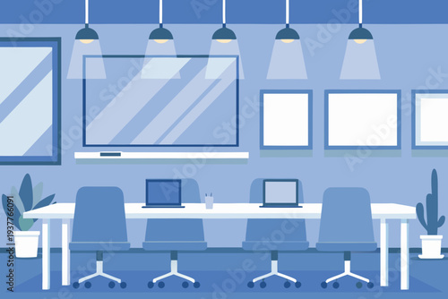 A modern office conference room with a white table and blue accents