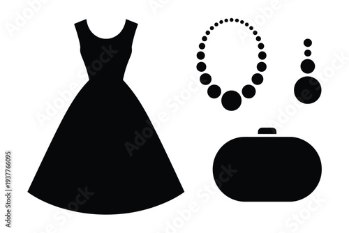 Black dress, necklace, earrings, and handbag set fashion