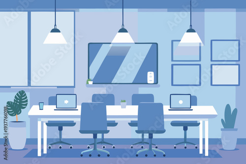 Minimalist office workspace with desks chairs and a modern aesthetic