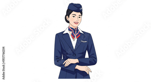 Smiling flight attendant in uniform standing confidently with crossed arms, viewed from the front in a simple white background