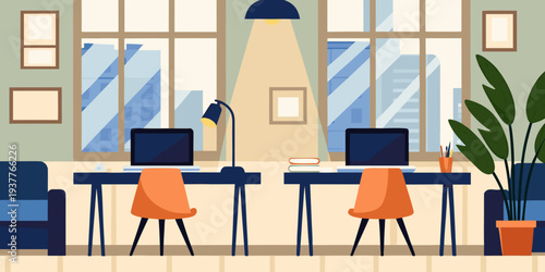 Modern office interior with two workstations and a city view