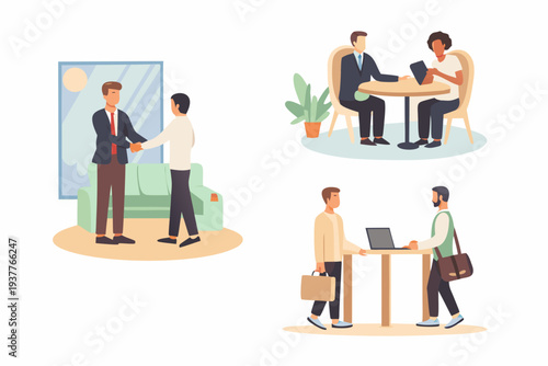 Business professionals interacting in various office meeting and discussion scenarios