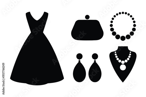 Black fashion accessories set including dress handbag earrings necklace