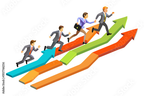 Businesspeople running up colorful arrows representing growth and success