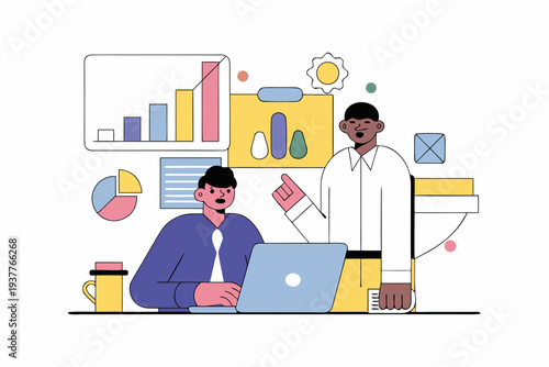 Two business people discuss data analytics and strategy in a modern office