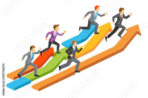 Businesspeople climbing arrows representing success and growth in a modern style