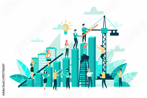 Team building a growing cityscape with innovation and collaborative effort