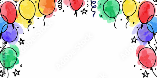 Colorful watercolor balloons and confetti create a festive border design