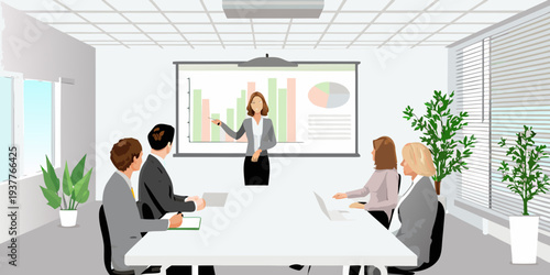 Business presentation in a modern office conference room with attentive colleagues