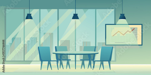 Modern office conference room with a city view and data chart