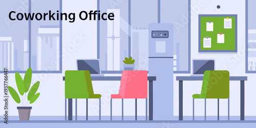 A brightly colored illustration of a modern coworking office space