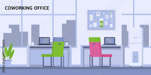 Modern coworking space with desks chairs and a minimalist aesthetic