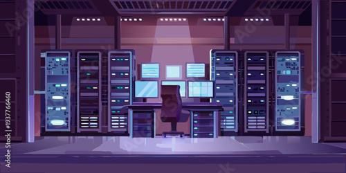 A server room with rows of racks and a person working at a console