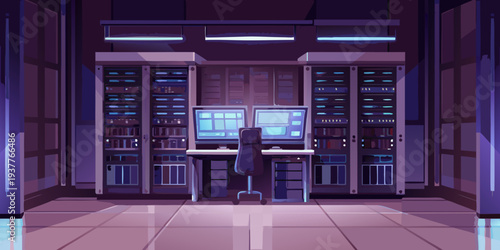 A brightly lit server room with rows of racks and computer workstations