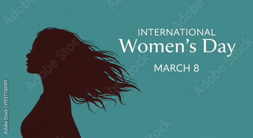 International women's day march 8 silhouette of woman with flowing hair on teal background
