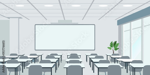 Empty classroom with a white projector screen and rows of student desks