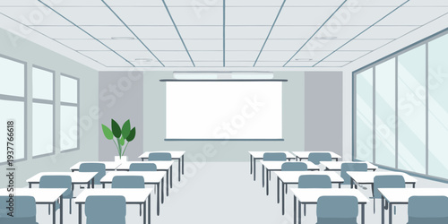 Empty classroom with a projection screen and rows of student desks