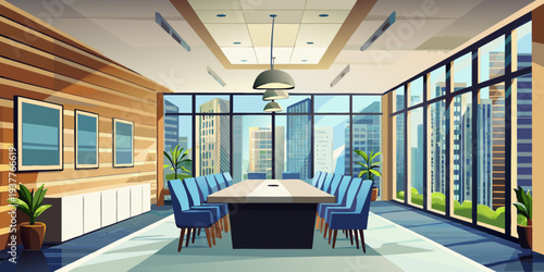 Modern office conference room with a large table and city view