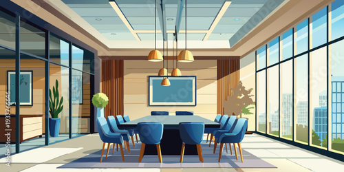 A brightly lit modern conference room with a large table and city view