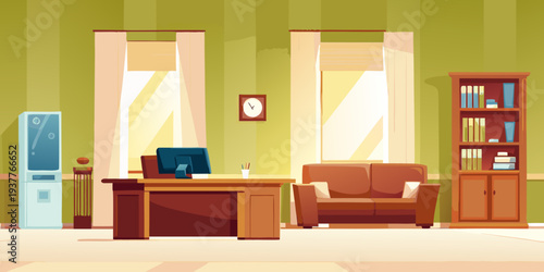 A brightly lit cartoon style office interior with furniture and appliances