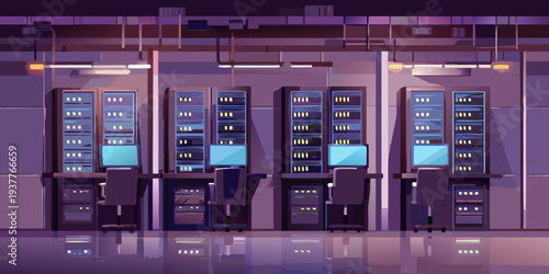 A brightly lit server room with rows of racks and glowing lights
