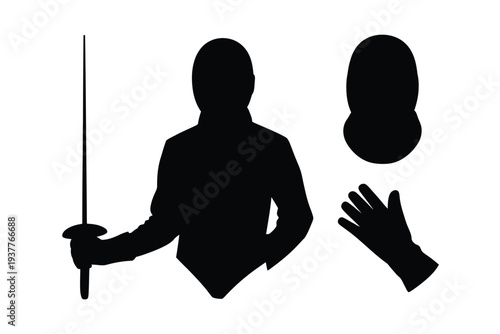 Black silhouette of person holding sword with helmet and gloves
