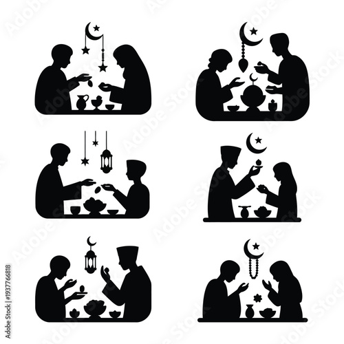 Black silhouettes of people celebrating with crescent moons and stars