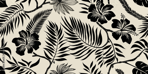 Black and white tropical leaves and hibiscus flowers seamless pattern