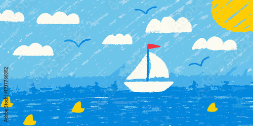 A colorful crayon drawing depicts a sailboat and birds on the sea