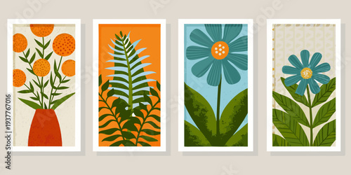 Four botanical prints featuring citrus foliage and stylized floral designs
