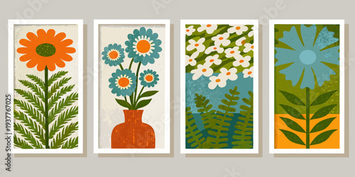 Four retro botanical prints featuring stylized flowers and foliage designs
