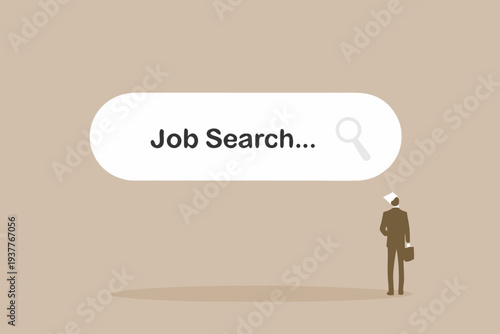 A businessman contemplates a job search represented by a search bar