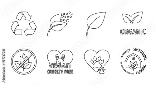 Black and white illustrations of eco-friendly icons and symbols for sustainable living concepts and products