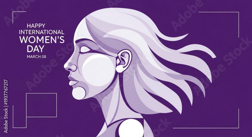Woman's face in purple hues celebrating international women's day with flowing hair and geometric patterns